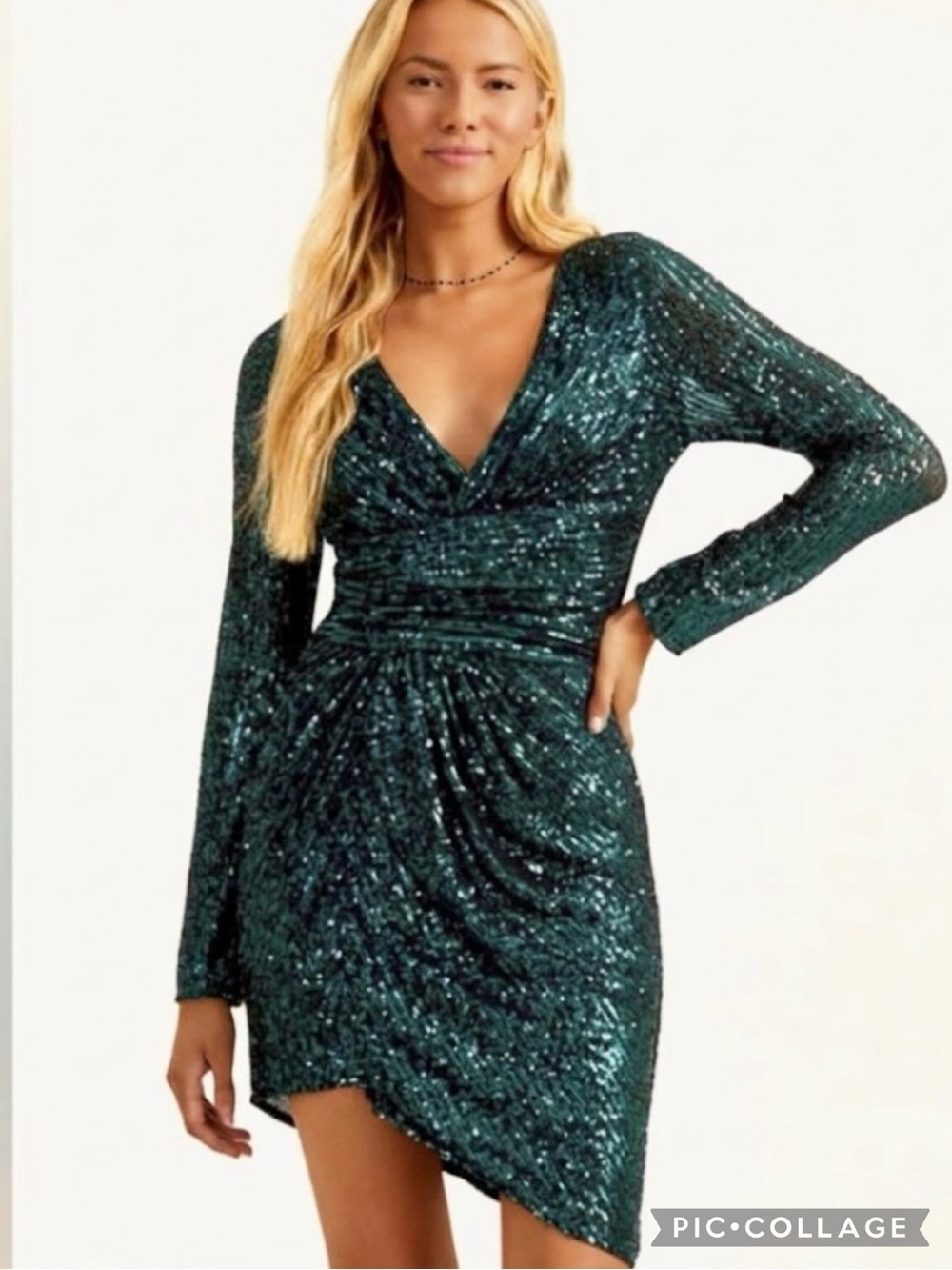 Altar’d State Sequin Dress Ruched Asymmetrical Mini Stretch Green M NWT Cocktail